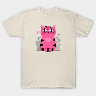 Bright Eyed Pink Heart Kitty In The Flower Garden T-Shirt